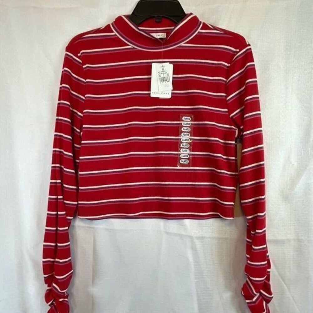 Soul Cake Womens Red Striped Long Sleeve Cropped Top Size XL